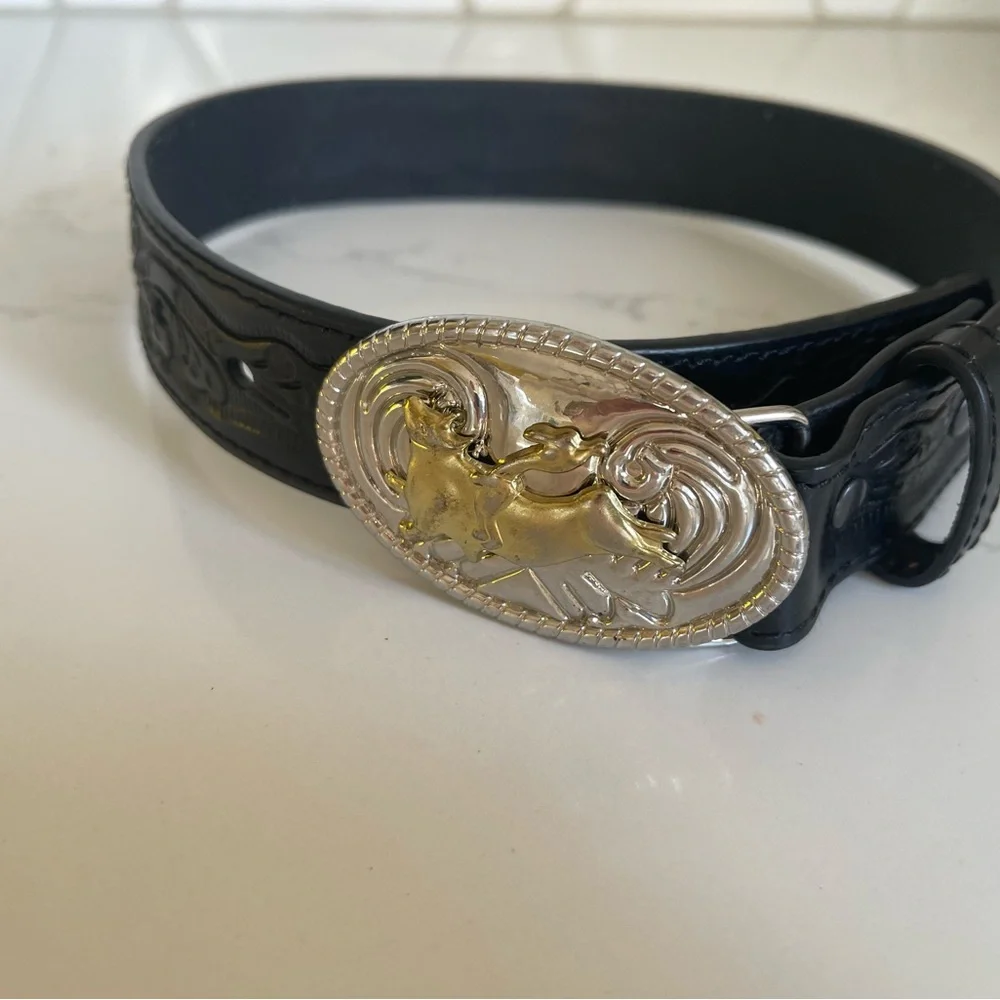 Nocona Kids Black Belt with Silver and Gold Buckle